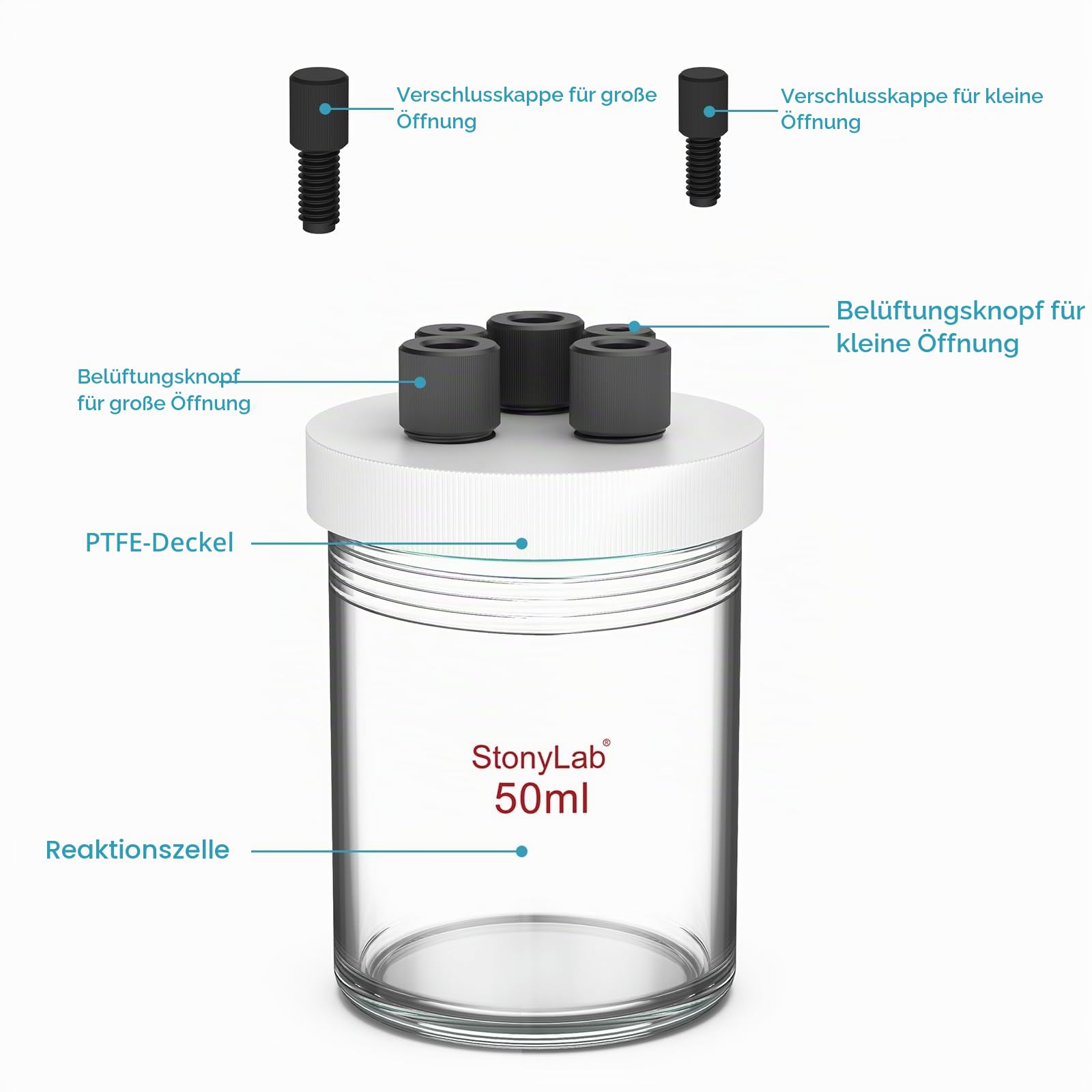 stonylab Einzelkammer-Elektrolysezelle, Elektrochemische Zelle aus Borosilikatglas mit PTFE-Deckel (5 Löcher), Elektrolysezellen-Bausatz, ohne Elektrode, 50 ml