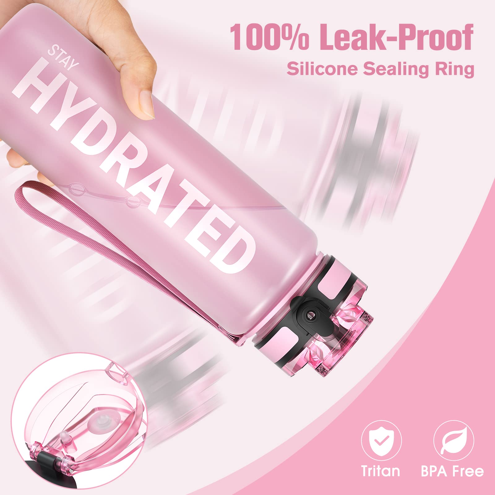 Sahara Sailor Leakproof Water Bottle 1L/500ML/750ML, Tritan BPA Free Motivational Sport Drinks Bottle with Clear Time Marker - Image 2