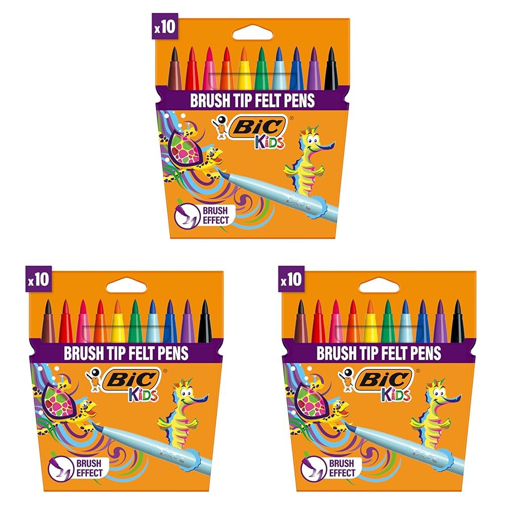 BIC Kids Visaquarelle Fırça Uçlu Boya Kalemi 10 Renk, Fırça Başlı Esnek ve Yumuşak Uç, Yıkanabilir Su Bazlı Boya 3lü paket