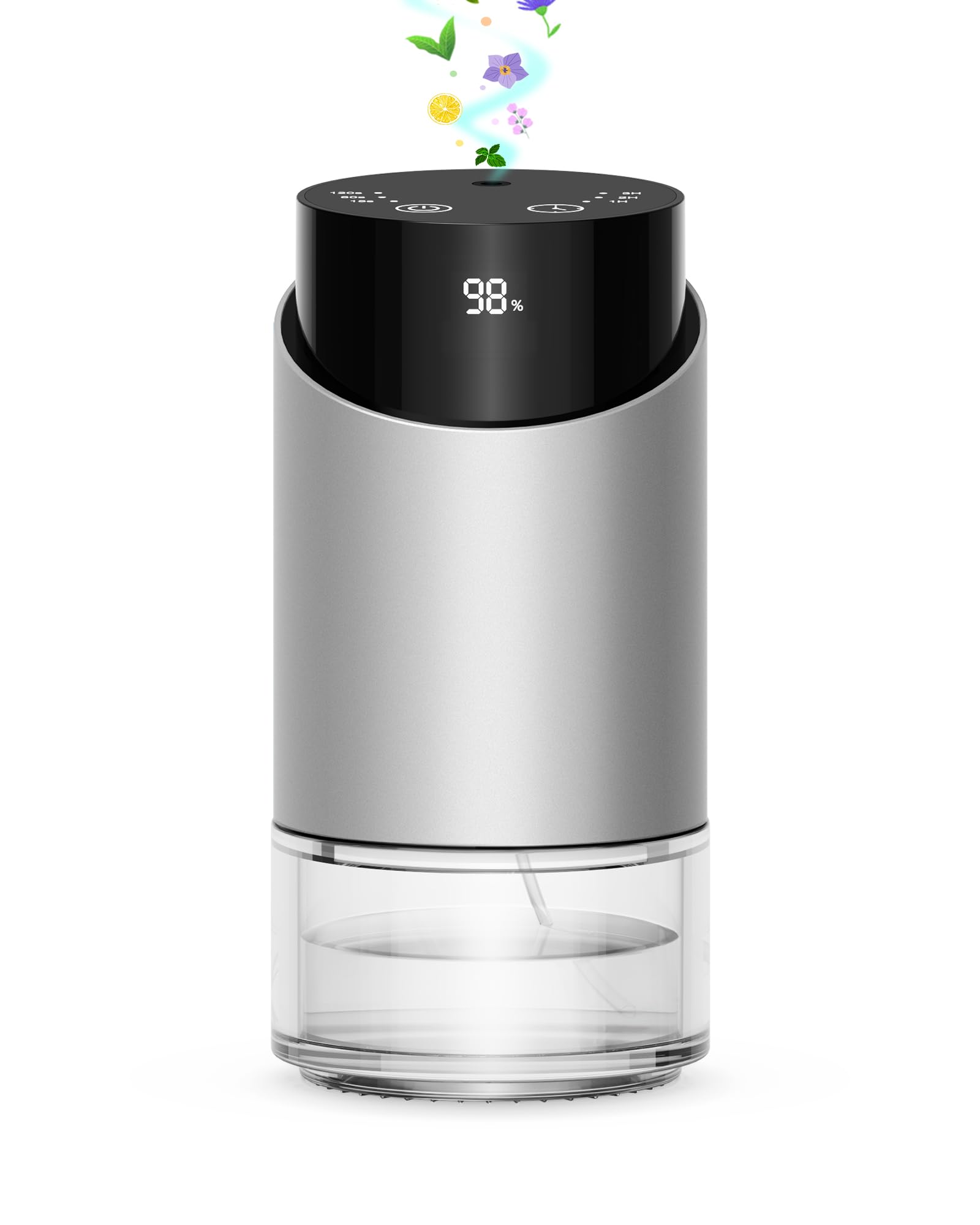 Diffusore di oli essenziali, Diffusore profumo auto per casa grande spazio, auto, ufficio, casa, mini diffusore di aroma batteria, 4 timer e 3 livelli di nebbia, capacità 100ml (Argento)