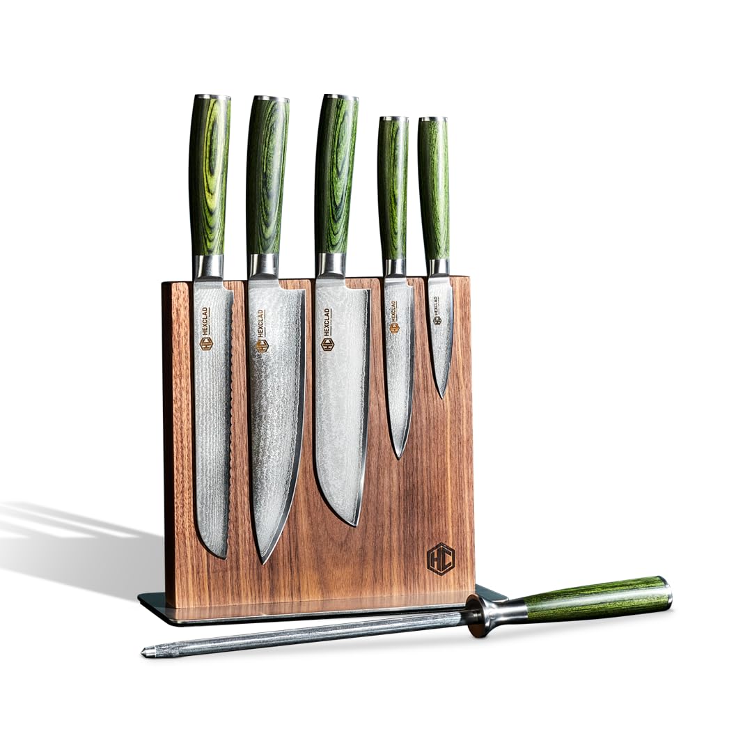 HexClad Green 7 Piece Japanese Damascus Steel Knife Set with Knife Block