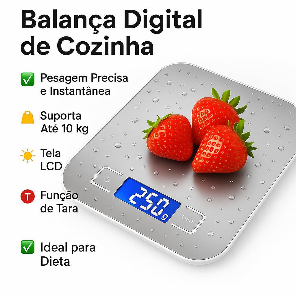 Balança Cozinha Inox De Alta Precisão Para Dieta Fitness Ingredientes Academia - 10Kg Escala 1g - (Contem Pilhas)