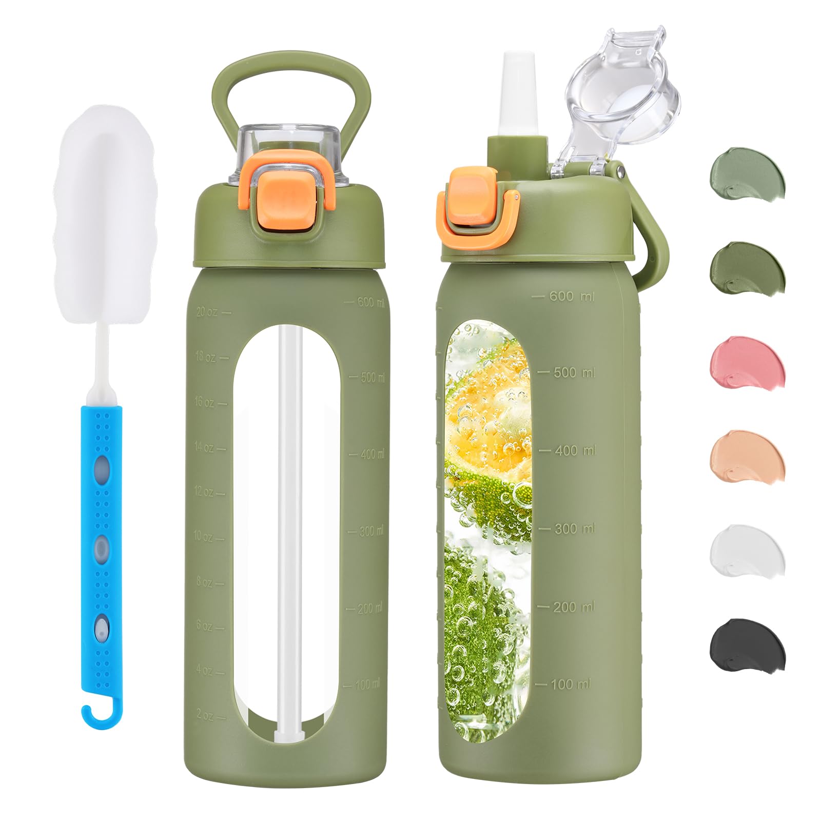 chunmo 20 oz Glass Water Bottle with Straw Reusable Water Bottle with Non-Slip Silicone Sleeve Wide Mouth Leak-Proof for Coffee, Tea and Water,