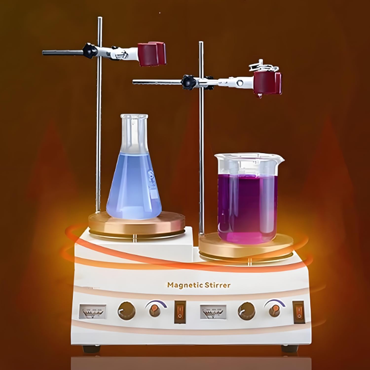 Agitatore magnetico con piastra riscaldante, doppia stazione di riscaldamento, potenza regolabile, in acciaio inox, con clip per fiaschetta, ideale per laboratorio e uso chimico