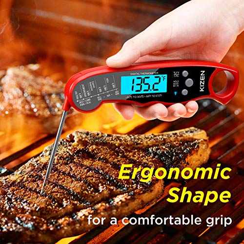 Kizen Instant Read Meat Thermometer - Best Waterproof Ultra Fast Thermometer with Backlight & Calibration. Kizen Digital Food Thermometer for Kitchen, Outdoor Cooking, BBQ, and Grill! (Red Midnight) - Thumbnail 4