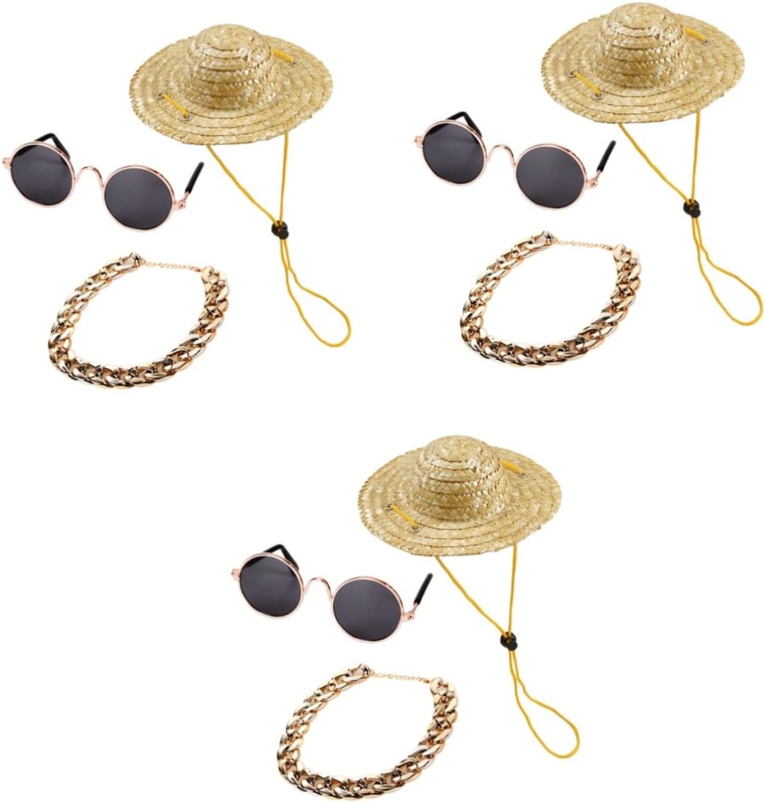 Angoily 9pcs Pet Dog Cat Retro Straw Hat Sunglasses Gold Necklace Stylish Accessories for Dogs and Cats for Parties Special Occasions