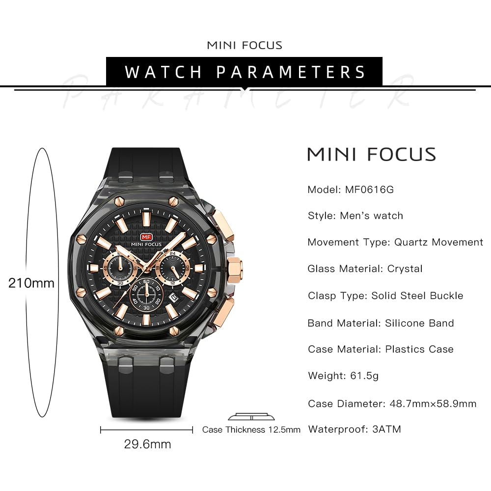 Mini Focus - Reloj de Pulsera para Hombre, multifunción, Transparente, analógico, Correa de Silicona, Calendario, Cuarzo, Resistente al Agua, para Hombre