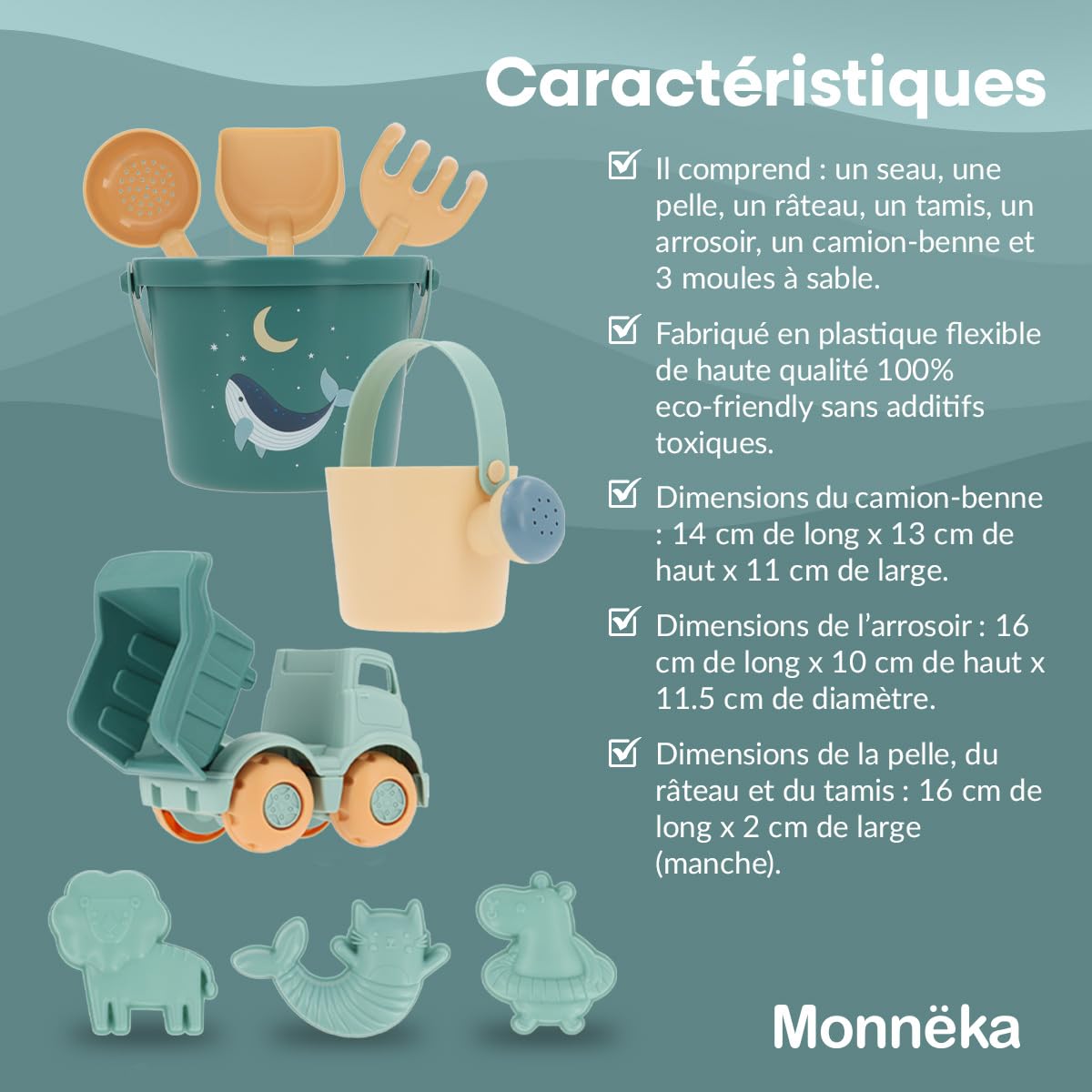 Set de Jouets de Plage | Jouets de Sable Écoresponsables et Sûrs dès 6 Mois | Kit avec Seau, Pelles, Râteau, Arrosoir et Camion | Facile à Transporter pour Plage | Whale Teal