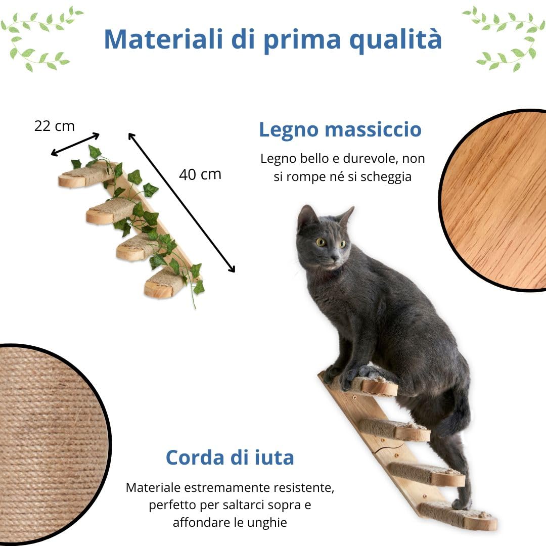 Scala per gatti bidirezionale, scaletta da parete resistente ed elegante, mensola da parete in legno massiccio con corde di iuta