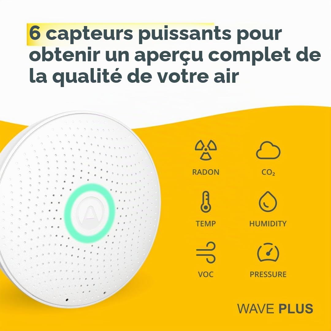 Airthings 2930 Wave Plus - Détecteur de Radon et de la Qualité de l’Air avec Détecteur de CO2, COV, Pression Atmosphérique, Humidité et Température