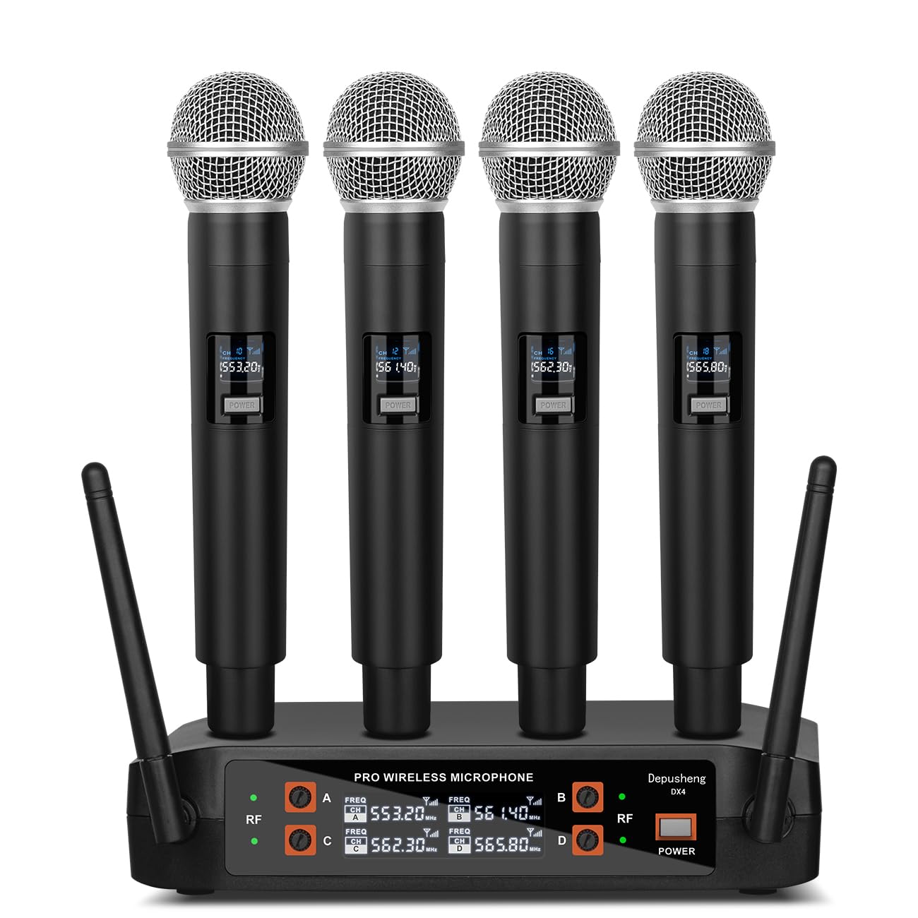 Depusheng Système de microphone sans fil, microphone sans fil à 4 canaux, microphone sans fil à fréquence fixe avec 4 microphones à main dynamiques, portée de 50 m, microphones pour la voix