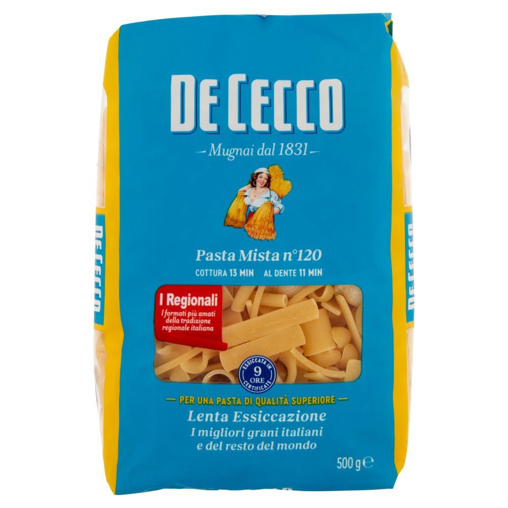De Cecco Pasta Mista n°120 - Pasta 24 x 500 g | Secado lento | Sémola de trigo duro de alta calidad | Horneado 13 min (al diente 11), ideal para sopas y platos tradicionales + Italian Gourmet polpa