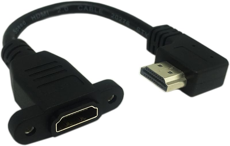 15cm 6inch High Speed HDMI 2.0 Right Angle HDMI Male to Female Extension Cable with Screw Hole Panel Mount Support 4K 60Hz Resolution for Blu Ray Player, 3D TV (Black) (R)