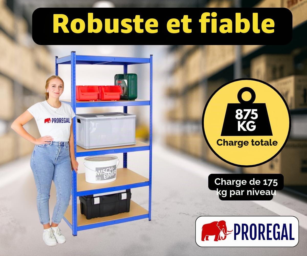 PROREGAL Étagère Robuste Taurus | HxLxP 180x90x60cm | Charge Totale 175kg | Bleu | étagère de Cave, étagère enfichable, étagère de Garage