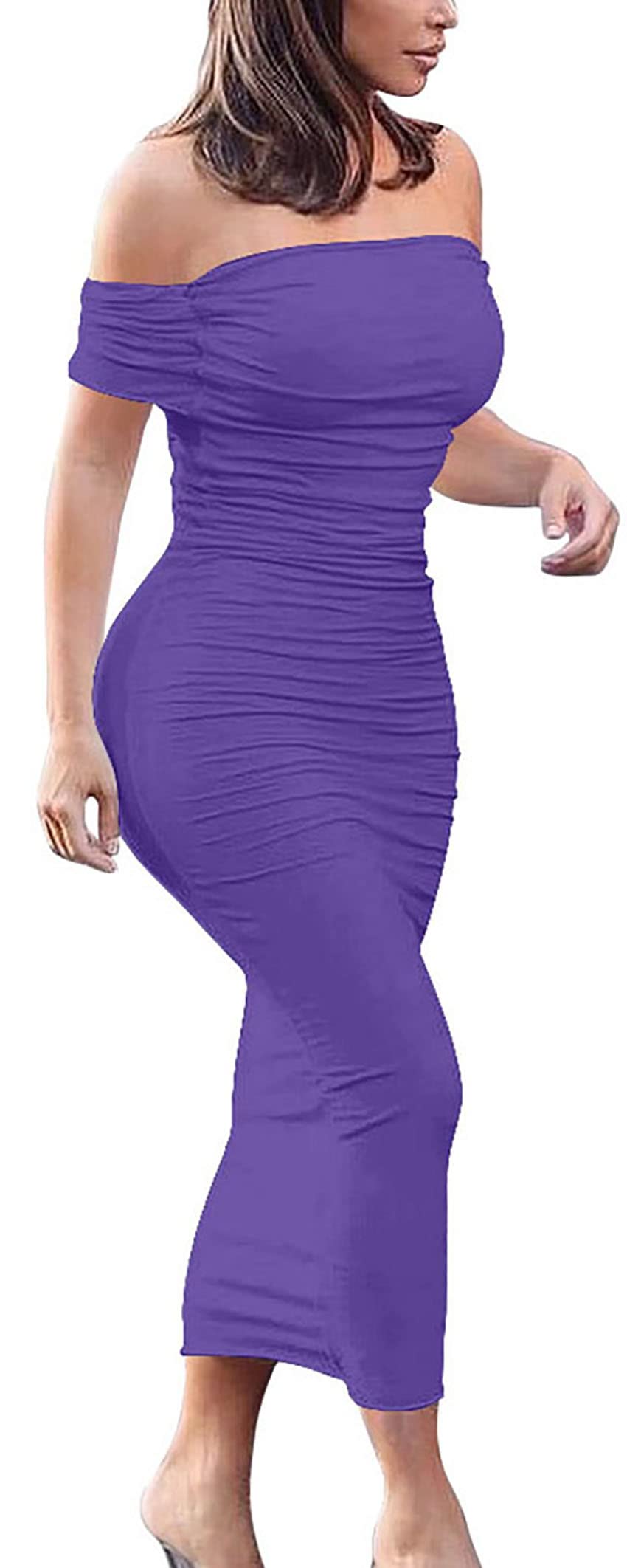 GOBLES Women's Ruched Off Shoulder Short Sleeve Bodycon Midi Elegant Cocktail Party Dress