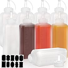 Dicunoy 9 Pack 24 OZ Plastic Squeeze Bottles, Square Condiments Squirt Bottles for Sauce, Wide Mouth Salad Dressing Bottles, Nozzle Tip for BBQ, Ketchup, Grilling, Syrup, Cocktail Sauce, Dressings