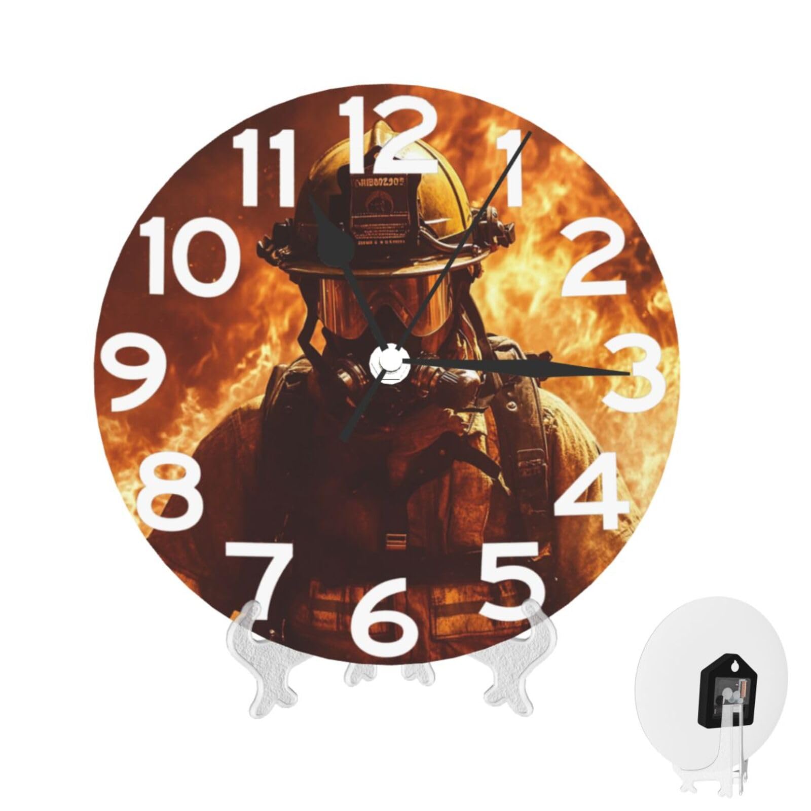 Wall Clock 10 Inch Non-Ticking Silent Modern Simple Style Round Decor Clocks Firefighter Fireman Flame Clock Decorative Battery Operated Wall Clocks for Home Office Living Room Bedroom Kitchen