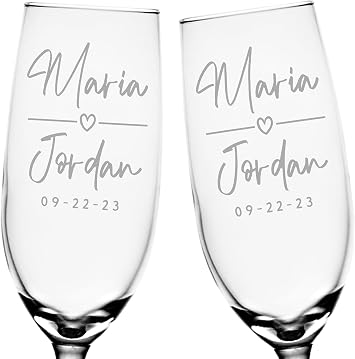 Custom Engraved Engaged Champagne Flutes Glasses w/Names Heart and Date Set of 2 Couples, Toasting, Anniversary, Engagement Upgraded Gift Box