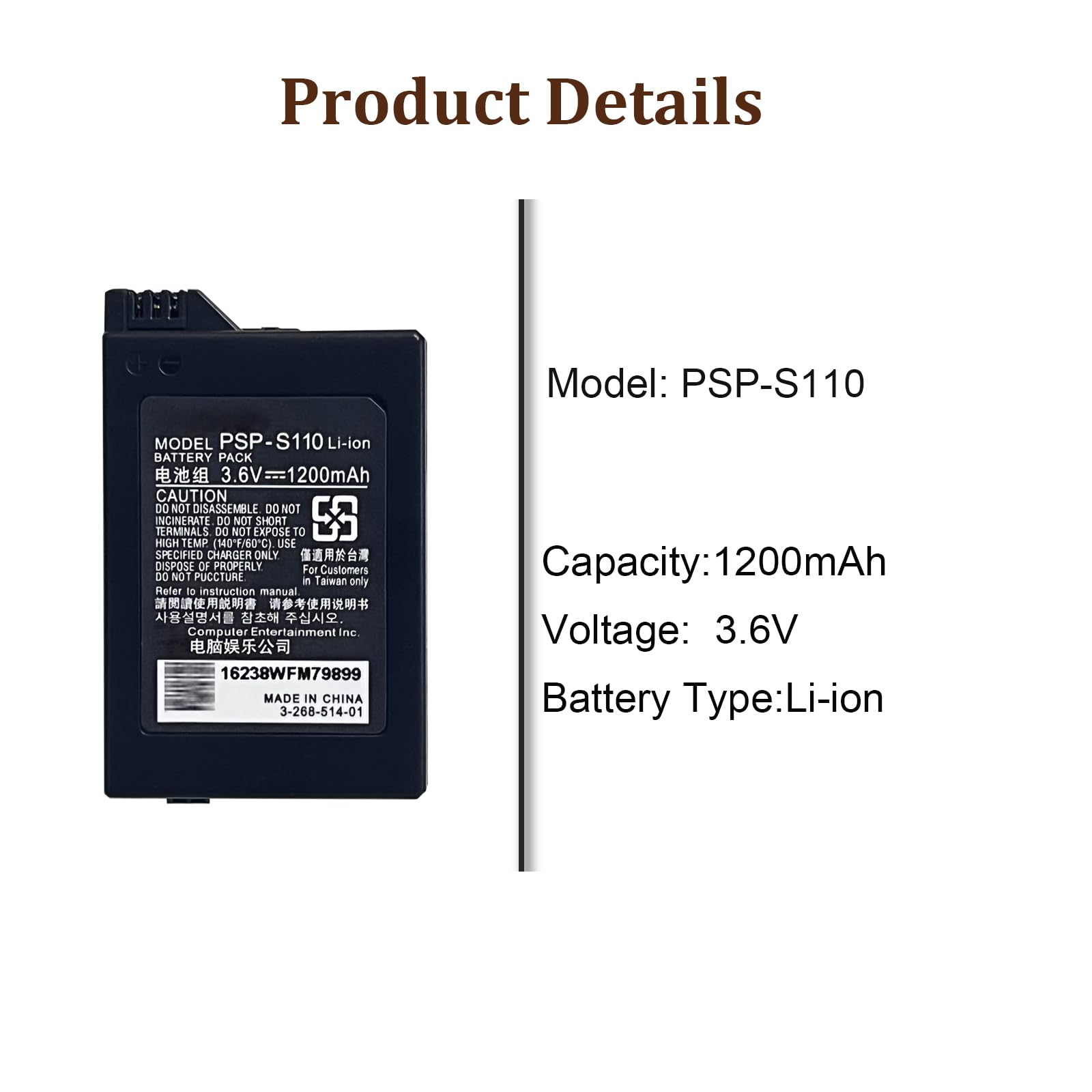 Batería de repuesto PSP-S110 compatible con Sony PSP-2000, PSP-3000, Lite, Slim PSP-S110
