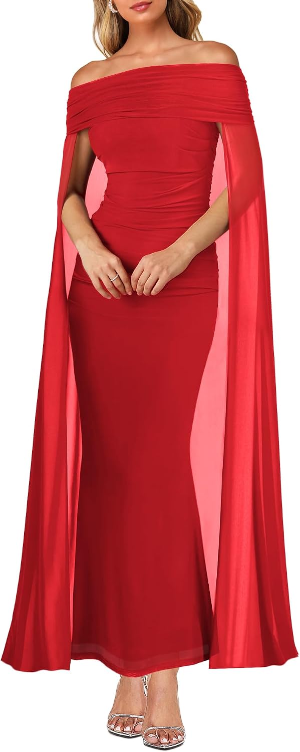 HESUUIO Elegant Off The Shoulder Dress Womens Formal Wedding Guest Cape Overlay Long Flowy Evening Party Dresses