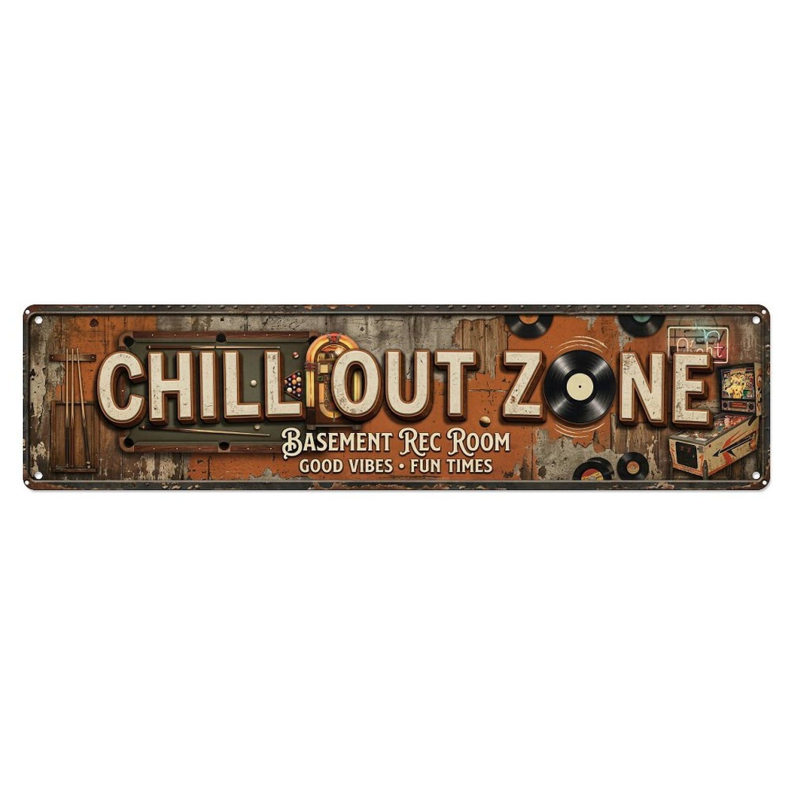 Chill Out Zone Worn Basement 5 Metal Tin Skinny Sign Plaque Wall Decor for Cafe, Club Bar, Office, Home Garden Metal Poster 4x16Inch