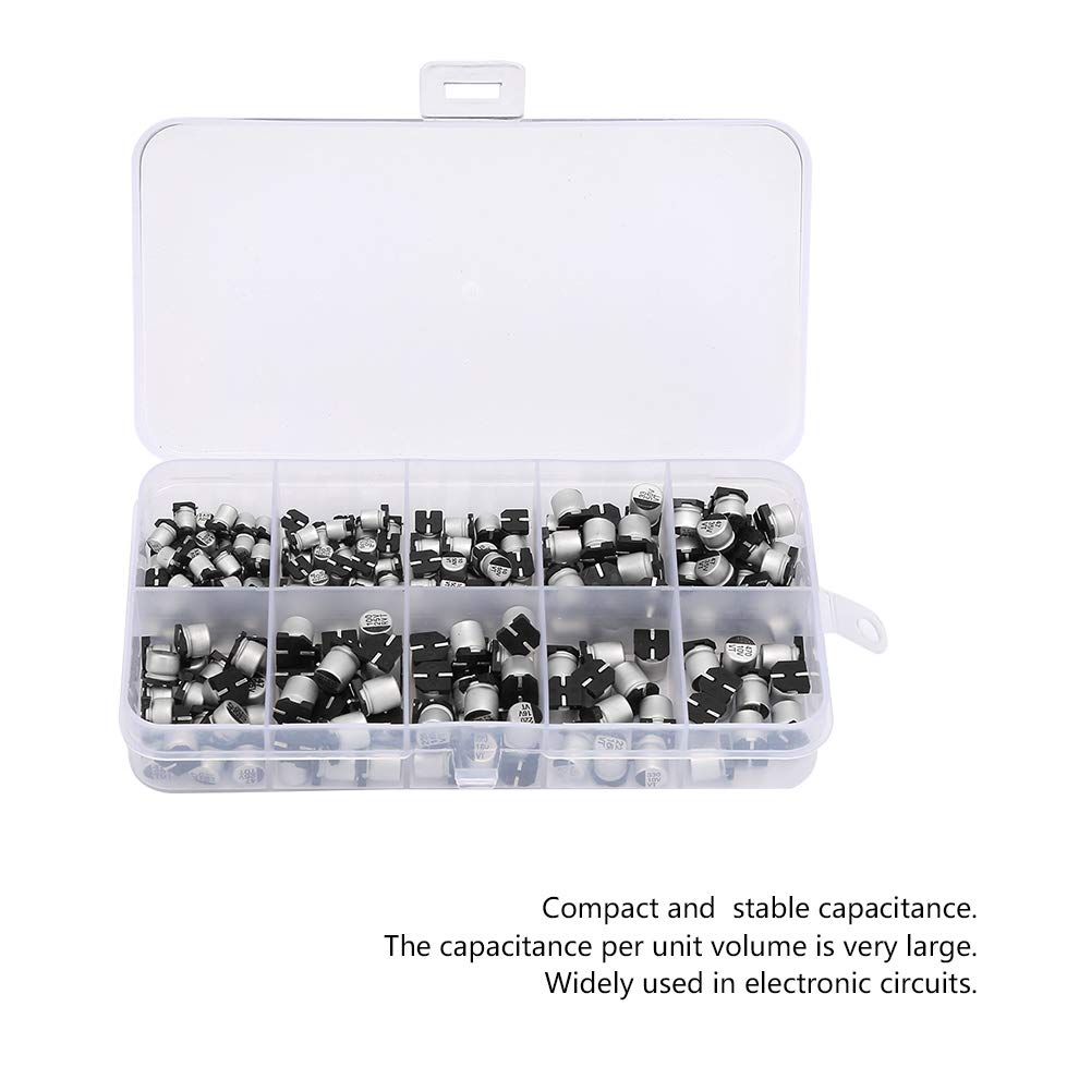 Kit de 200 condensadores electrolíticos SMD, 10 valores de 1 uF a 470 uF, de 10 V a 50 V, diversos condensadores electrolíticos de aluminio con caja de almacenamiento para
