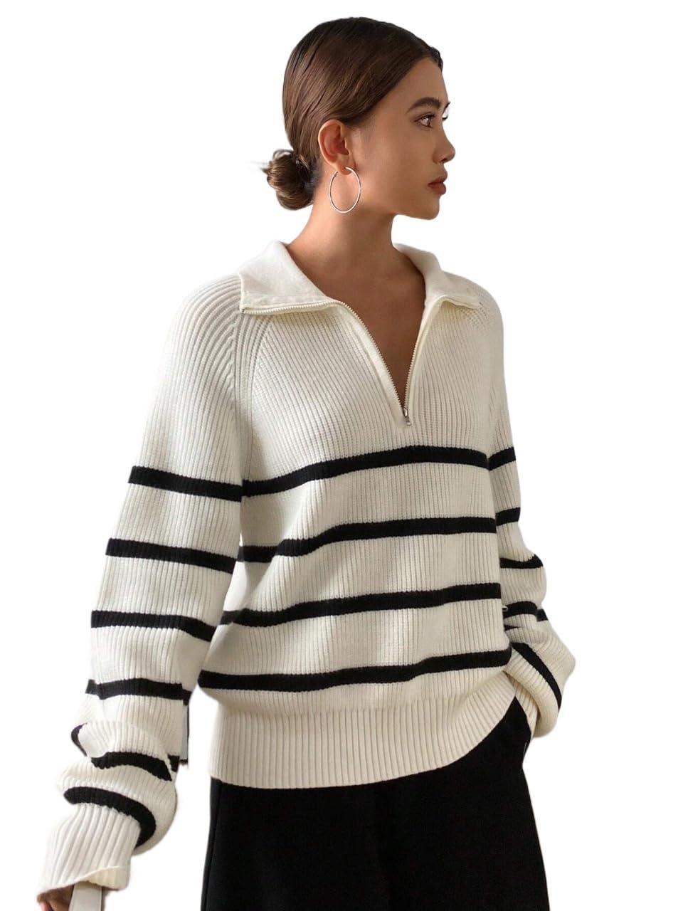 Womens Casual Fashion Sweater Casual Loose Long Sleeve Striped Zip-Up Collar Knitted Sweater Fall