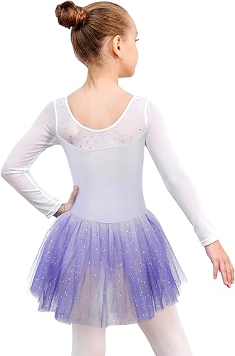 Miniatura 2 de EQSJIU Leotardo de baile de manga larga para niñas, vestido de ballet brillante con copo de nieve, tutú con falda tutú para niñas
