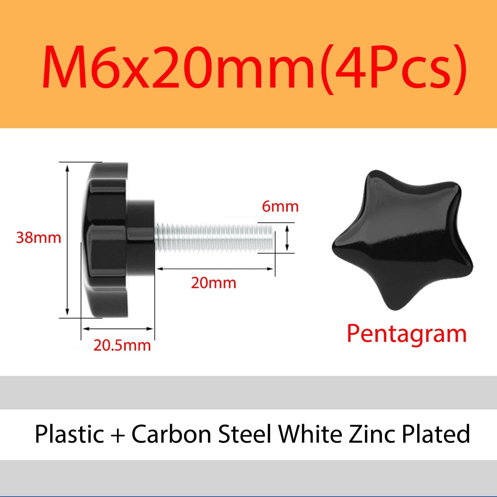 M6 x 20mm 4 Pcs Stelle Maniglia Viti a testa zigrinata Acciaio al carbonio Pomello Maniglia Vite di serraggio Macchina Plastica Impugnatura