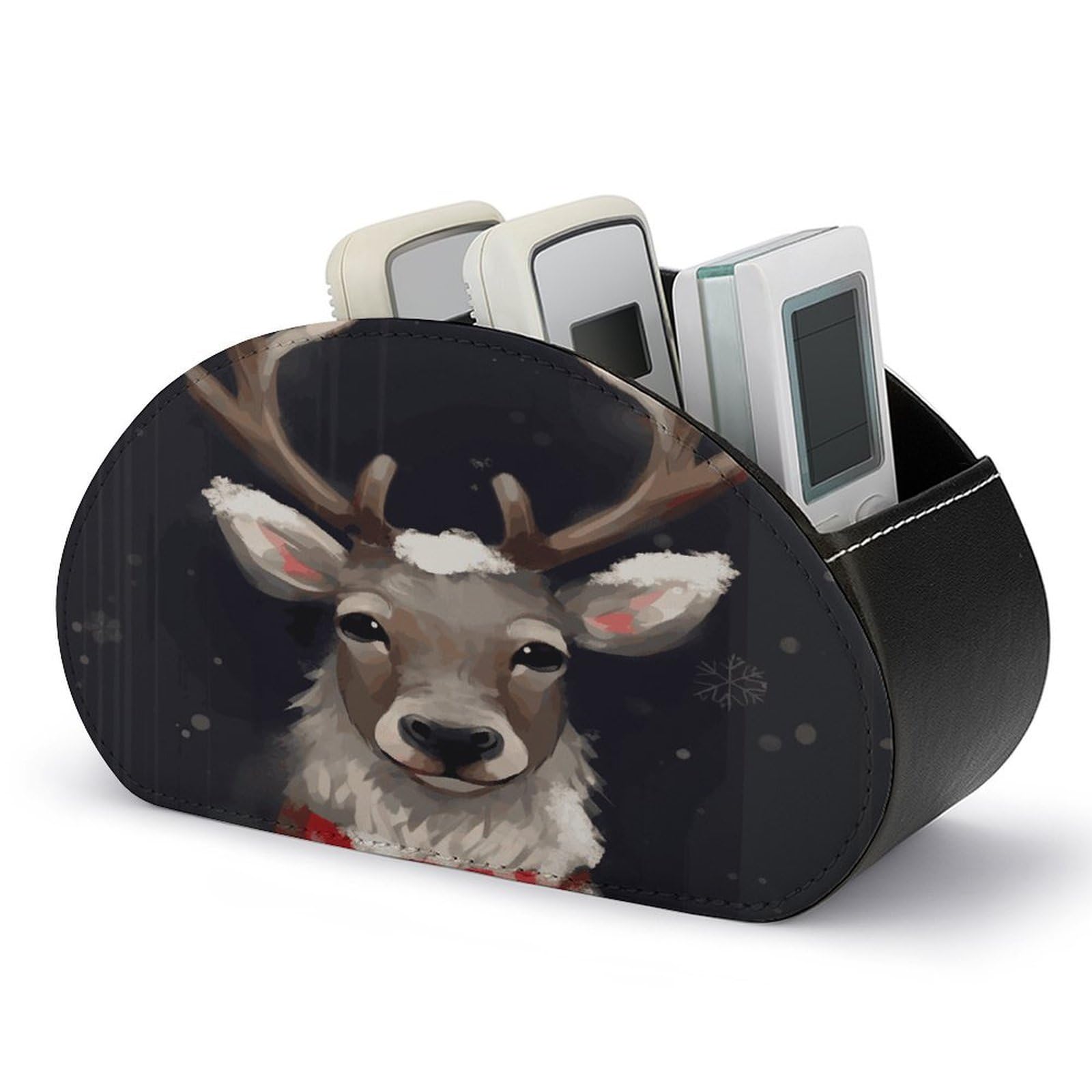 LDGSUPH Reindeer Remote Control Holder with 5 Compartments PU Leather TV Remote Caddy Storage Box Multi-functional Desk Storage Organizer Box Anti-slip Desktop Caddy