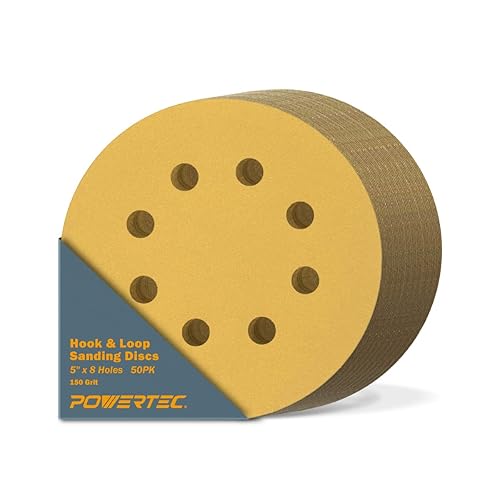 POWERTEC 44015G-50 Discos de lijado de gancho y bucle de grano 150 de 5 pulgadas, 8 agujeros, color dorado (paquete de 50)