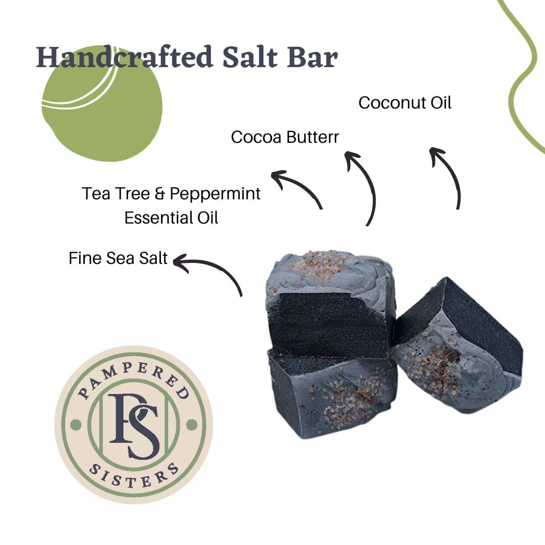 Pampered Sisters | 8.25 oz each| Tea Tree & Peppermint Essential Oil | Activated Charcoal | Sea Salt | Pink Himalayan Salt| Soap Bundle (3-Pack)