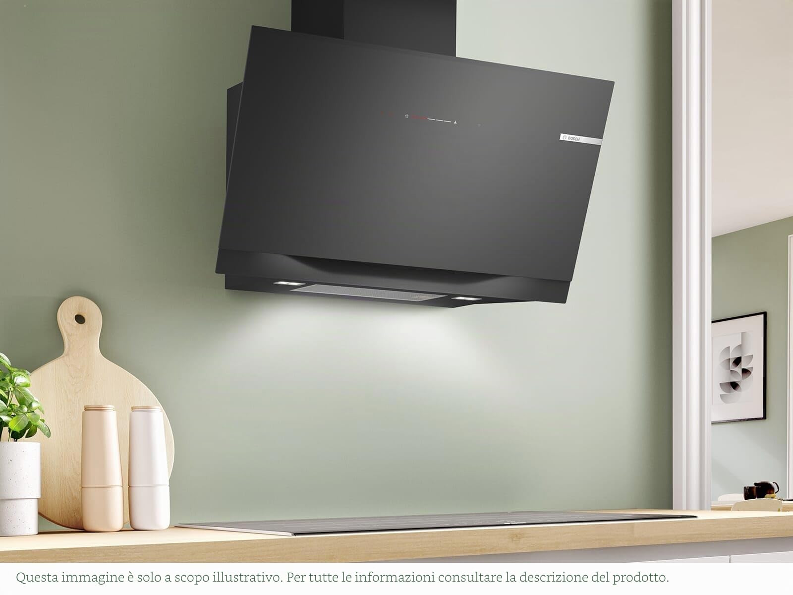Bosch DWK91LT60, serie 8, cappa aspirante intelligente, 90 cm, vetro trasparente nero stampato, estremamente silenzioso, made in Germany, controllo su piano cottura, temperatura colore regolabile,