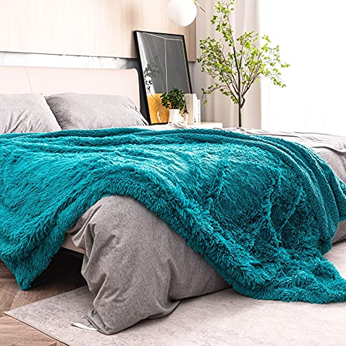 Pawque Soft Fuzzy Faux Fur Throw Blanket 60" X 80", Reversible Long Shaggy Cozy Furry Blanket, Queen Size Bedding Blanket, Decorative Fluffy Plush Fleece Comfy Microfiber Blanket, Teal Green #TOP6