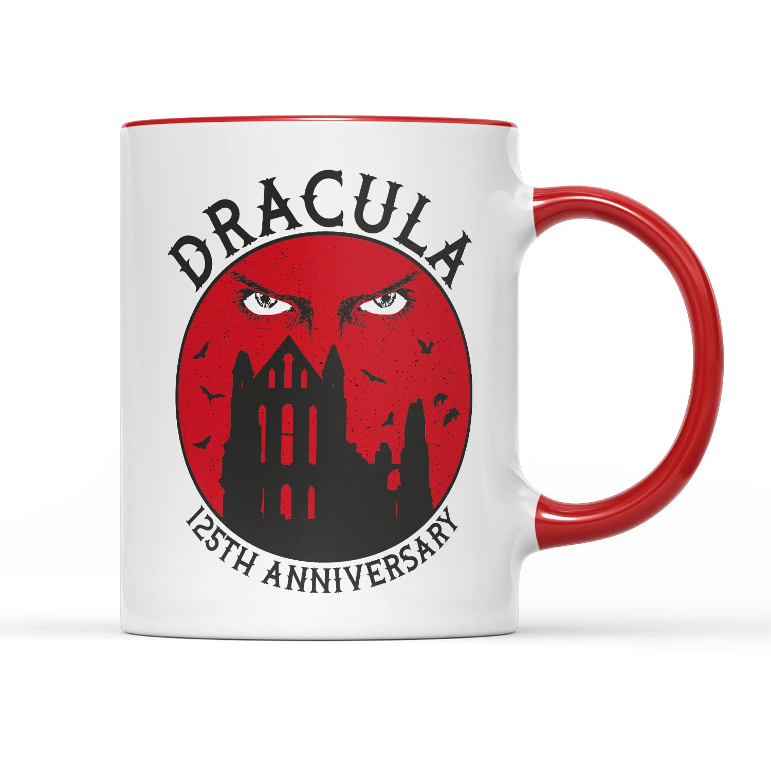 Dracula Death Stare Mug Tea Coffee Cup - Bram Stoker 125th Anniversary Gothic Horror Novel Fiction Goth Vampire Transylvania Whitby Gift Present (Red Handle)