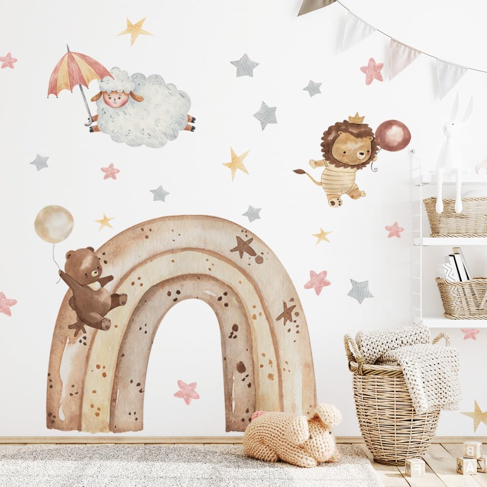 Rainbow Wall Stickers for Kids Room Decoration - Animal Nursery Decor Wall Decals for Baby Room - Waterproof Removable Teddy Bear Lion Sheep Star Wall Stickers for Bedroom Playroom Girls Boys Nursery-picture-37