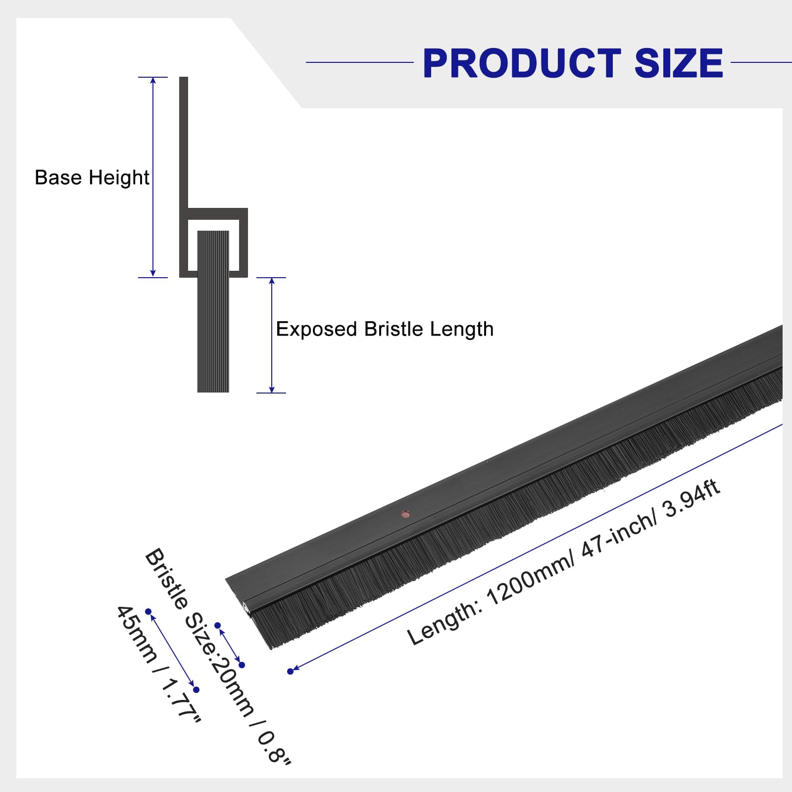 QUARKZMAN Spazzola per Porta con Base in Lega di Alluminio a Forma di H con Spazzola in Pp da 20mm per Casa, Industria (1200mm L, Nero)