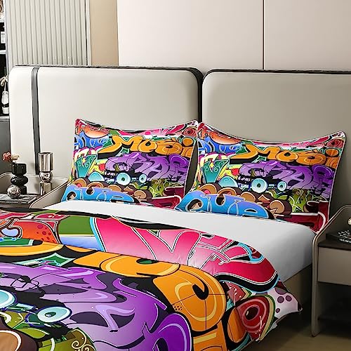 Hippie Graffiti Style 100% Cotton Duvet Cover Single Size Hip Hop Decor Bedding Cotton Duvet Cover Set for Bedroom Graffiti Graphic Street Culture Grunge Art Bedding Set - Image 4