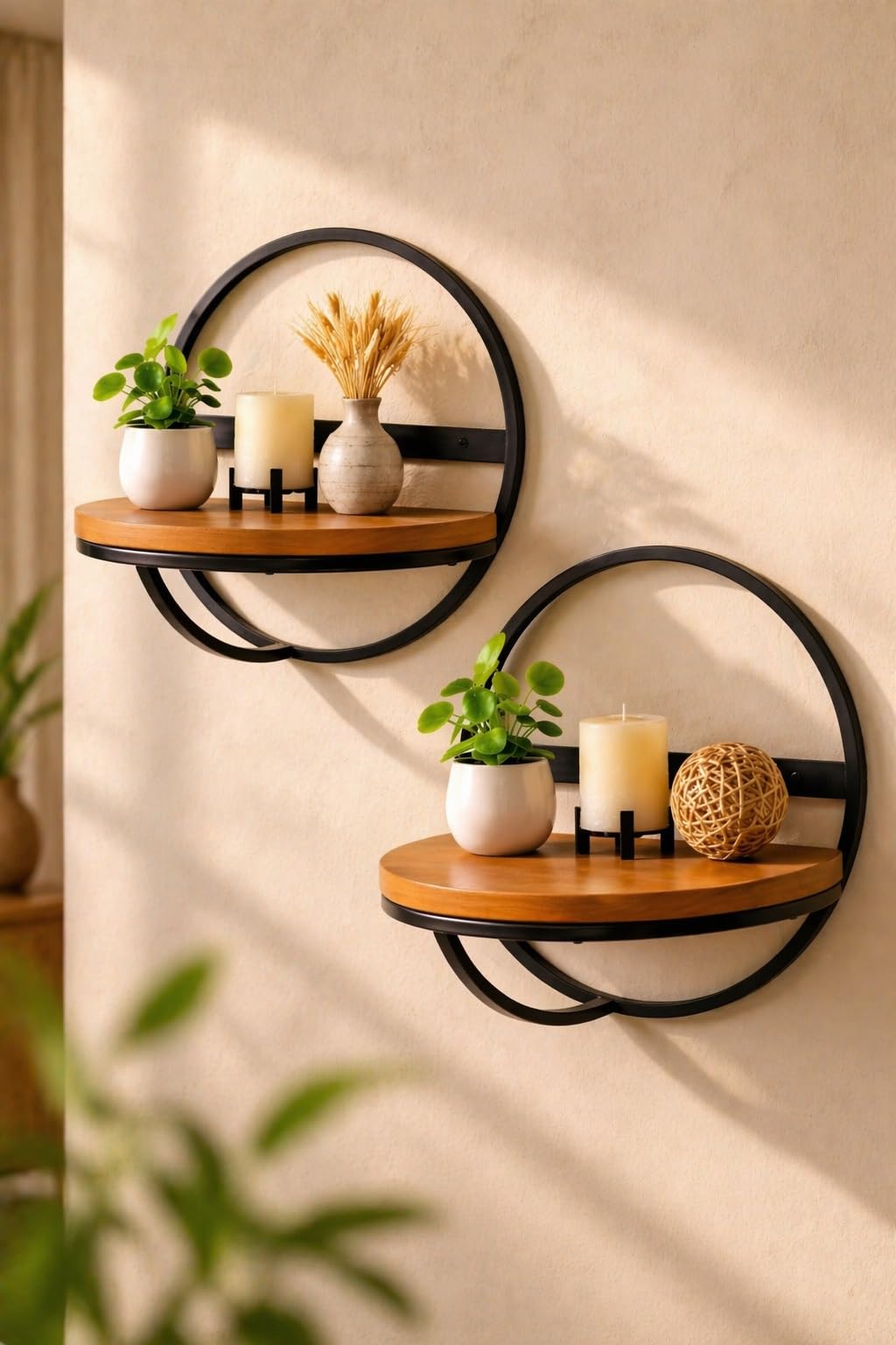 Modern Round Floating Wall Shelf - 13 Inch Black Iron & Wood Decorative Wall Mount Display Rack for Home Decor Set of 2-image-23