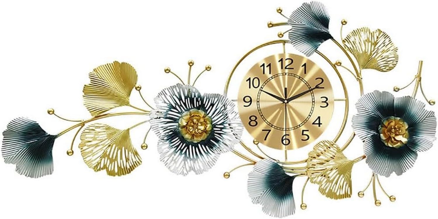 Horloge murale moderne en métal ginkgo faite main, sculpture de salon unique