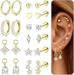 10Pairs Hypoallergenic Flat Back Earrings for Women, 14K Gold Plated Hoop Stud Earrings Set for Sensitive Ears Helix Tragus Cartilage Conch Earring for Multiple Piercings with Pendant
