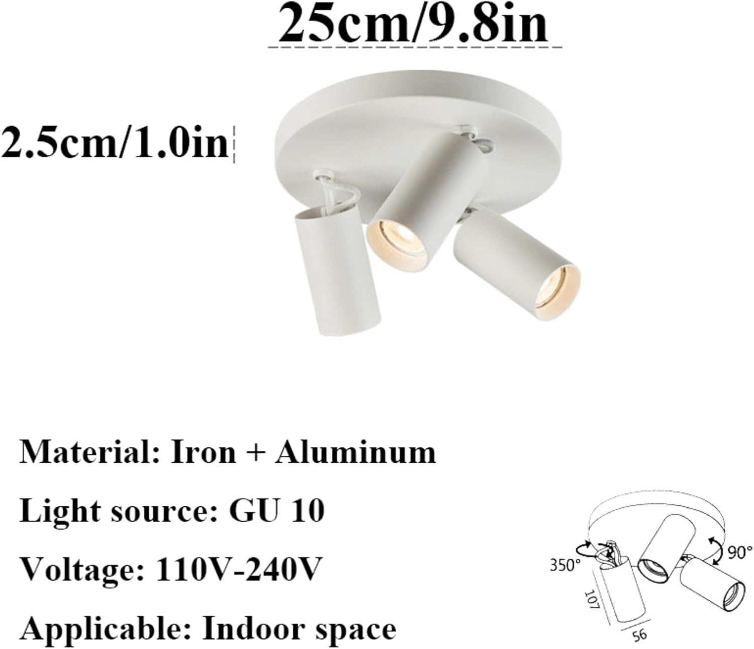 3 Head Adjustable Round Ceiling Spotlight Rotatable Head Track Directional Ceiling Lamp Close to Ceiling Light Fixtures for Corridor Gallery Kitchen Bedroom Office Coffee Shop/White