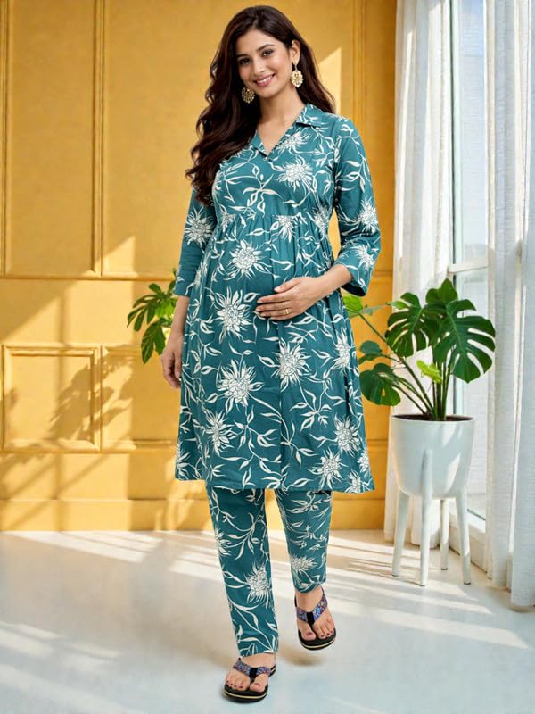 Image of RITIJYA Pure Cotton Feeding Kurta Pant Set for Women | Floral Anarkali Pregnancy Dress with Concealed Nursing Zipper Side Pocket | Pre & Post Partum | Maternity Dresses | Baby Shower Outfit
