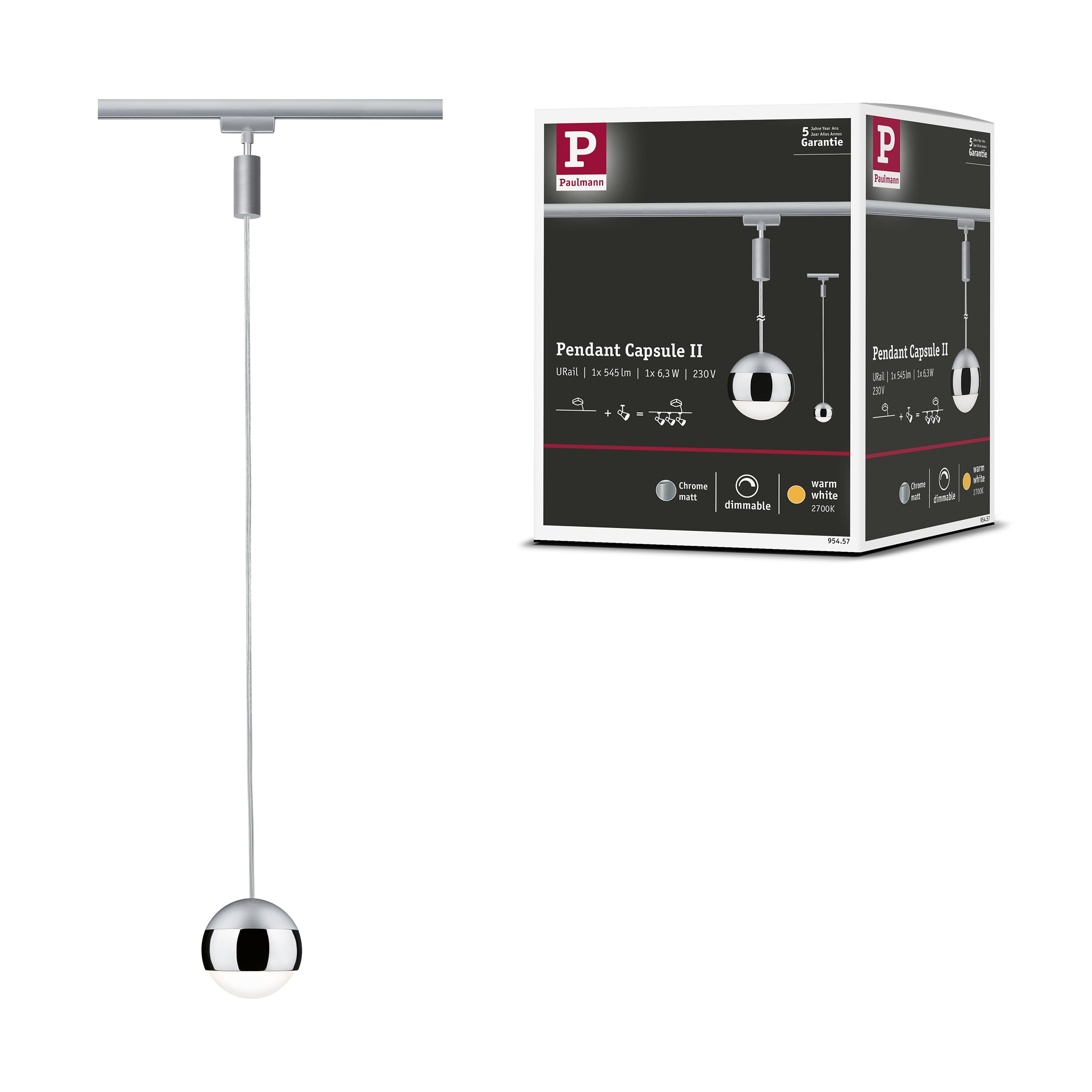 Paulmann Chrome Matt, Chrome 95457 Capsule Ii Urail Led Pendant 439Lm 6.3W 2700K Dimmable 230V Rail System