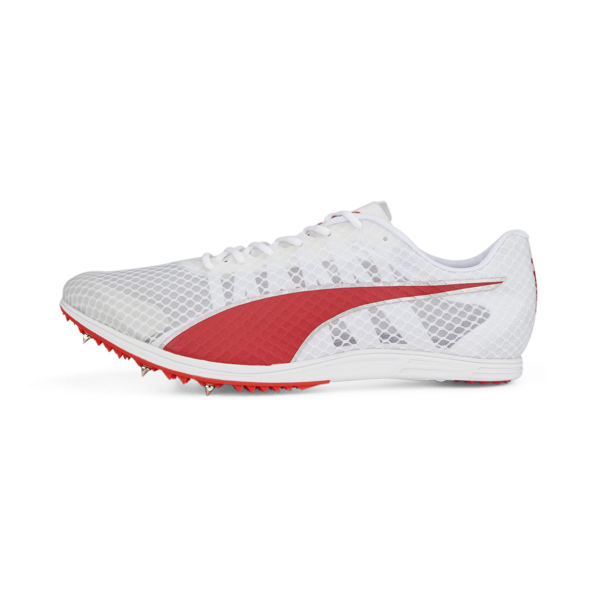 PUMA Mens Evospeed Distance 11 Track and Field Shoe, PUMA Mens White-PUMA Mens Red-Metallic Silver, 9.5
