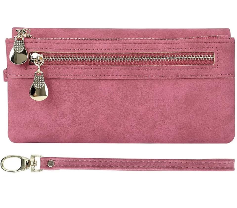 Aslana Soft Leather Long Wallet Wristlet with hand Strap Clutch Bag for Women Card holder Phone Bag (Deep Fuchsia)