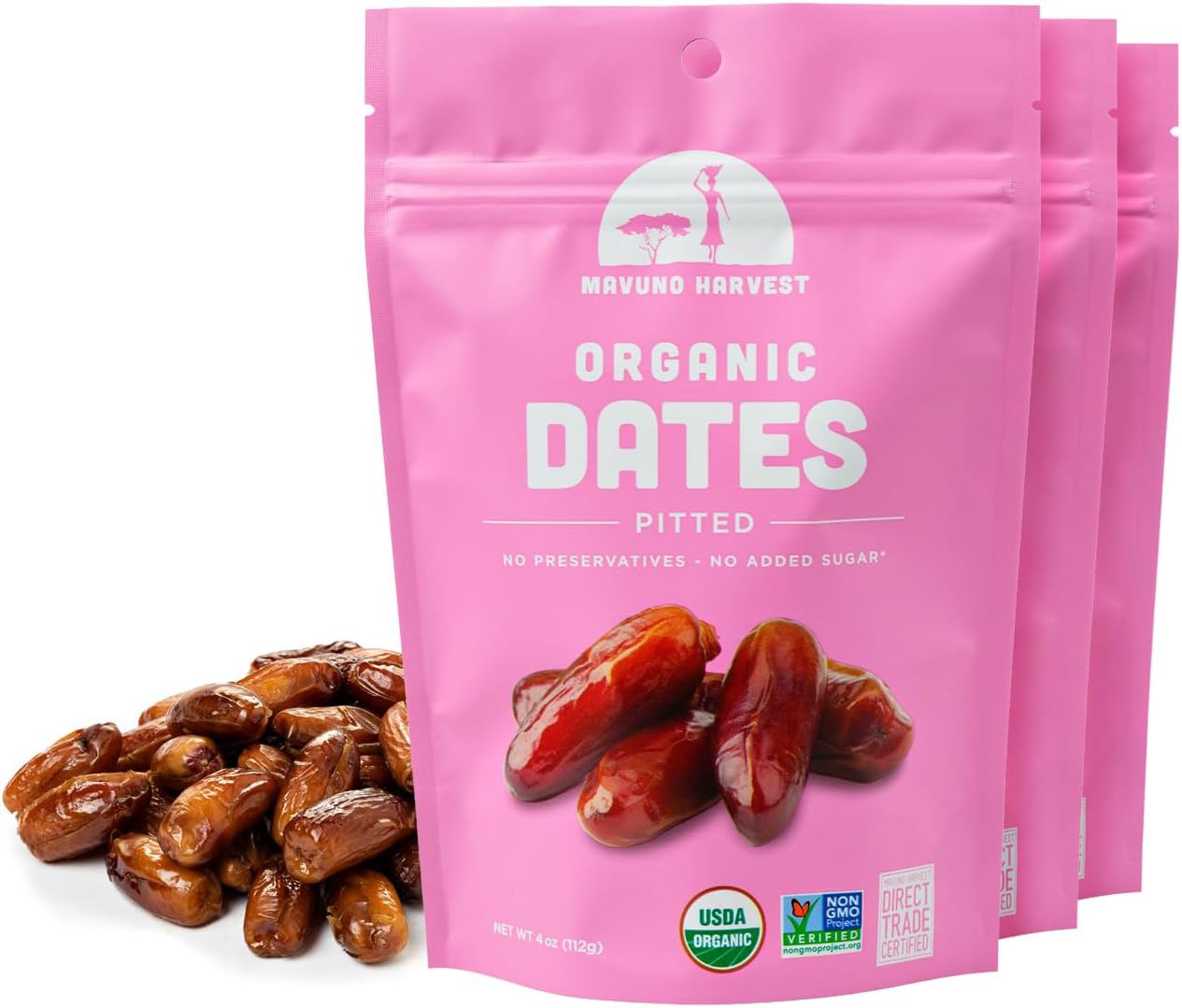 Mavuno Harvest Pitted Dates Dried Fruit Snacks | Organic Dried Dates | Healthy Snacks for Kids and Adults| Deglet Noor Dates | No Sugar Added, Vegan, Non GMO | Resealable 4 Ounce Bags, Pack of 3