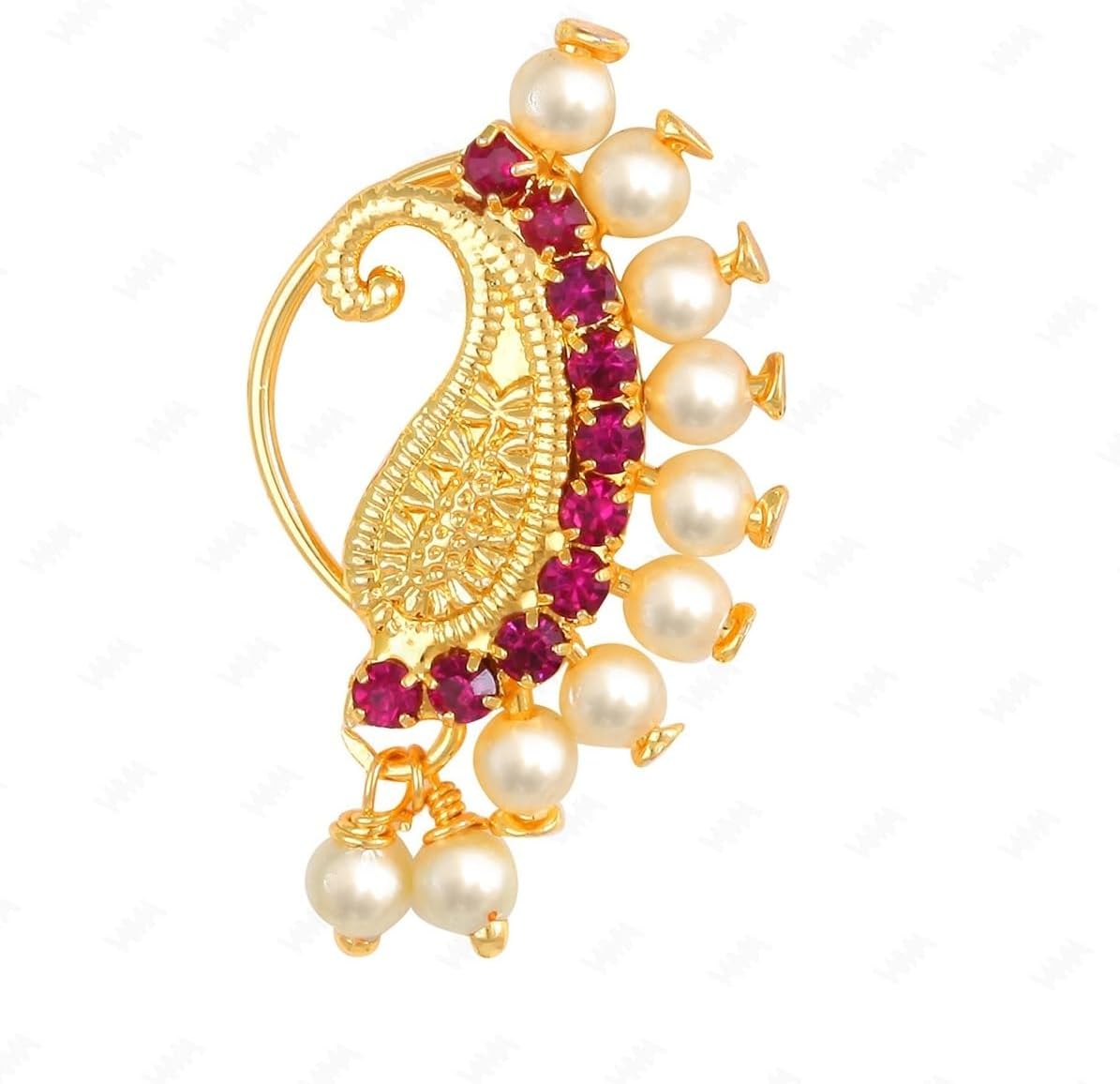 VAMA These Marathi Maharashtrian Nath Gold Plated Crystal Stone White Pearl Paisley Design Clip on Without Piercing For Women & Girls.