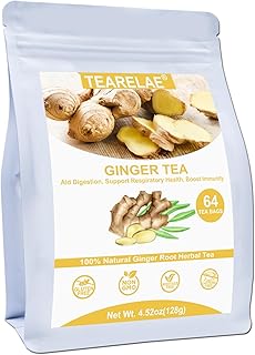 TEARELAE - Ginger Tea Bags, 64 Count - 100% Pure Ginger Root Tea, Soothing & Spicy - Non-GMO - Naturally Caffeine-free Her...