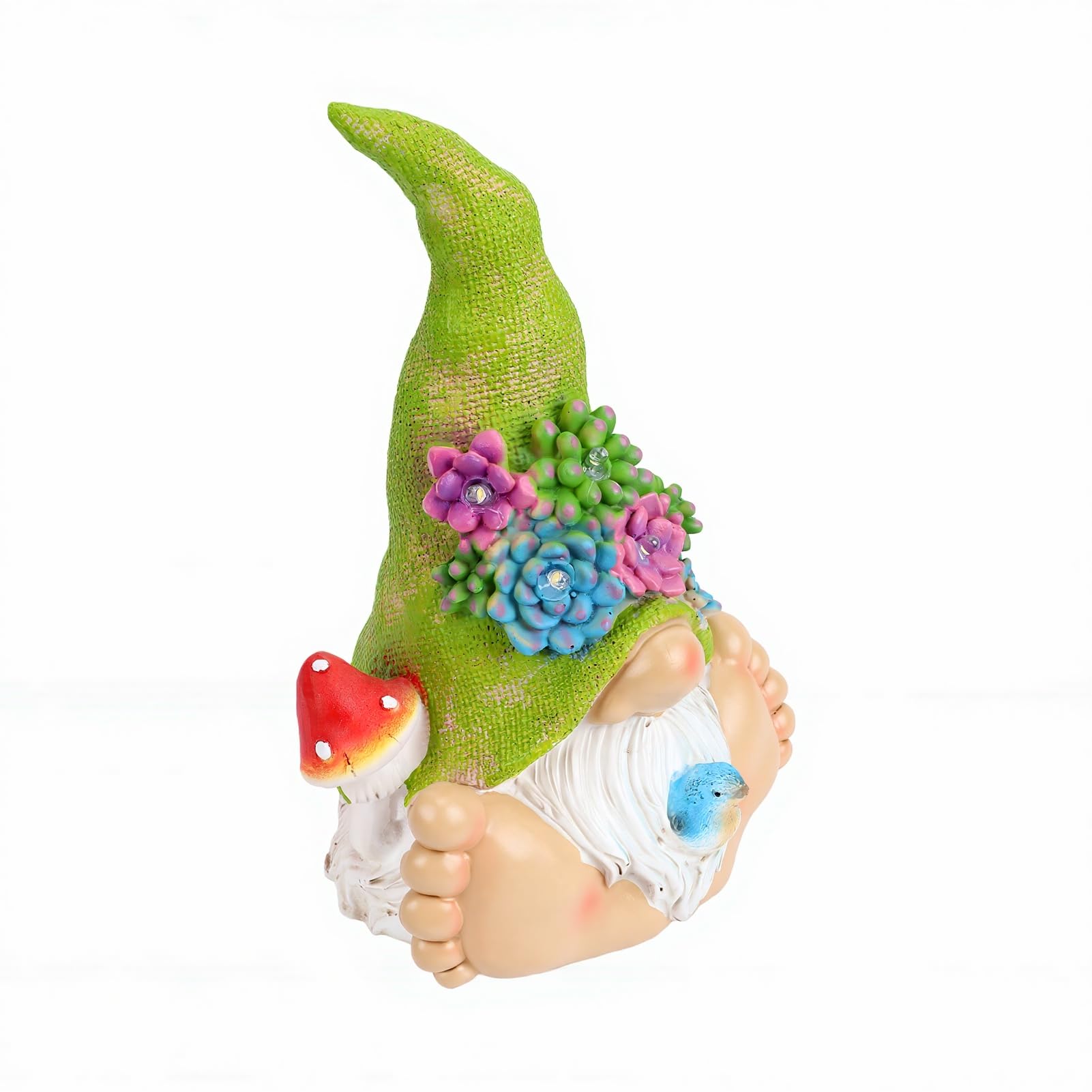 EMUKOEP Statua da Giardino Gnomo Solare con Fiori Succulenti a LED, (A)